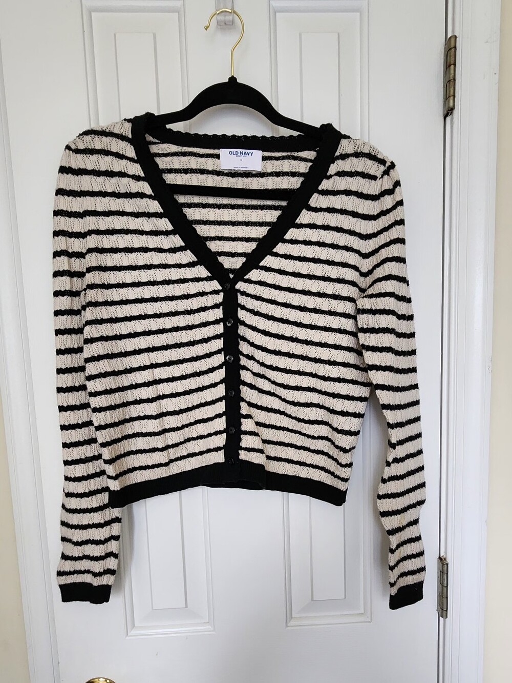 Old Navy Black & Cream Striped V-Neck Button Front Cardigan Medium